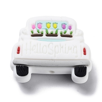 Flower Car Silicone Beads, White, 26.5x31x9.5mm, Hole: 2.5mm