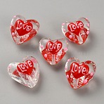 Transparent Glass Beads, Heart with LOVE, Red, 19x18.5x13mm, Hole: 1.8mm(GLAA-CJC0019-02)