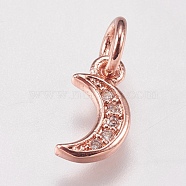Brass Micro Pave Cubic Zirconia Charms, Moon, Rose Gold, 9x5x1mm, Hole: 3.5mm(ZIRC-E147-59RG)