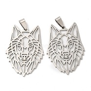201 Stainless Steel Pendants, Laser Cut, Hollow, Wolf Head Charm, Stainless Steel Color, 43x30.5x1mm, Hole: 9x4mm(X-STAS-Q245-01P)