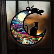 Moon with Cat Window Suncatchers, Wall Art Window Hanging Memorial Pendant Decoration, Cat Shape, 100mm(PW-WG7D0D8-08)