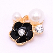 Alloy Enamel Cabochons Accessories with Enamel, DIY for Jewelry Making, with ABS Imitation Pearl Beads and Crystal Glass Rhinestoe, for Jewelry Making, Flower, Black, Light Gold, 18x16x8mm(FIND-TAC0001-12)