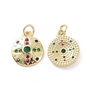 Brass Micro Pave Cubic Zirconia Pendants, with Jump Ring, Flat Round with Star Charm, Real 18K Gold Plated, 16x13x2.5mm, Hole: 3.2mm(KK-E068-VF172)
