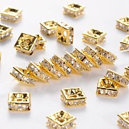 Brass Rhinestone Spacer Beads, Grade A, Golden Metal Color, Square, Crystal, 6x6x3mm, Hole: 1mm(RB-A013-6x6-01G)