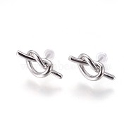Brass Stud Earrings, with Plastic Ear Nuts, Long-Lasting Plated, Knot, Platinum, 8x17x4mm, Pin: 0.7mm(EJEW-F809-02P)