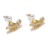 Brass Micro Pave Clear Cubic Zirconia Front Back Stud Earrings, with Acrylic Imitation Pearl and Ear Nuts, Horse Eye, White, Real 18K Gold Plated, 16x20x8mm, Pin: 0.5mm(EJEW-H123-03G)