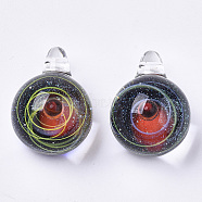 Handmade Lampwork Pendants,  Bead in Bead Pendants, Round with Starry Sky, Yellow, 28.5~30x20~21x19~20mm, Hole: 3~4mm(LAMP-N021-005A)