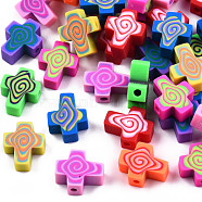 Handmade Polymer Clay Beads, Cross, Mixed Color, 12x10x4.5mm, Hole: 1.6mm(CLAY-T020-30)