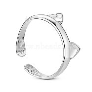 SHEGRACE Cute Design Rhodium Plated 925 Sterling Silver Ring, Cuff Rings, Open Rings, with Cat Ears, Platinum, Clear, 17mm(JR123B)