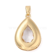 Rack Plating Brass Pendants, Teardrop Shaped Glass Charms, Long-Lasting Plated, Cadmium Free & Lead Free, Real 18K Gold Plated, Clear, 26x18x5.5mm, Hole: 3x5.5mm(KK-I710-03A)