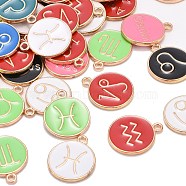 Alloy Enamel Pendants, Flat Round with Constellation, Light Gold, Mixed Color, 15~22x12~18x2mm, Hole: 1.5mm(ENAM-MSMC001-12)