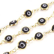 Handmade Evil Eye Lampwork Link Chains, Soldered, with Brass Findings, with Spool, Long-Lasting Plated, Flat Round, Golden, Black, 13x7x2.5mm, Hole: 1.5mm, about 32.8 Feet(10m)/roll(CHC-F009-01B-G01)