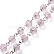Handmade Electroplate Glass Beaded Chains, with Platinum Plated Iron Eye Pin, Unwelded, Pink, 39.37 inch(100cm), Beads: 8x6mm(AJEW-JB00529-09)