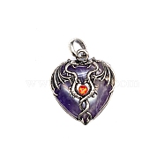 Natural Amethyst Pendants, Heart Charms with Antique Silver Plated Metal Dragon, 37x32x9mm(PW-WG31563-05)