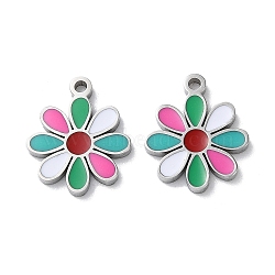 304 Stainless Steel Charms, with Enamel, Flower Charm, Stainless Steel Color, 13x11x1.5mm, Hole: 1.2mm(X-STAS-C083-14P-02)