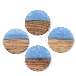 Opaque Resin & Walnut Wood Pendants, Flat Round, Cornflower Blue, 28x3mm, Hole: 2mm(RESI-S389-025A-C01)