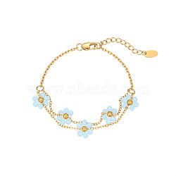 Stainless Steel Multi-strand Cable Chain Bracelets, Light Blue Summer Flower Link Bracelets for Women, Real 18k Gold Plated(TQ8584-2)