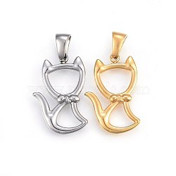304 Stainless Steel Hollow Kitten Pendants, Cat with Bowknot Shape Shape, Mixed Color, 22x15x3mm, Hole: 6x3mm(STAS-P209-28)