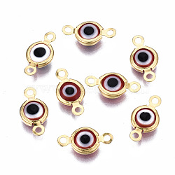 Handmade Evil Eye Lampwork Links Connectors, with Golden Tone 304 Stainless Steel Findings, Flat Round, Red, 12.5x7x2.5mm, Hole: 1.5mm(STAS-T041-02G-06)