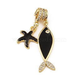 Brass Micro Pave Clear Cubic Zirconia Pendents, with Enamel, Fish and Starfish Charms, Rack Plating, Long-Lasting Plated, Cadmium Free & Lead Free, Real 18K Gold Plated, Black, 42mm, Hole: 3mm(CU-CBA30E8-07G-01)