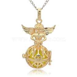 Golden Tone Brass Hollow Round Cage Pendants, with No Hole Spray Painted Brass Round Ball Beads, Round with Angel, Champagne Yellow, 43x28x20mm, Hole: 3x8mm(KK-J238-02G)