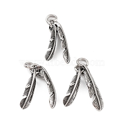 316 Surgical Stainless Steel Pendants, with Jump Rings, Feather Charm, Antique Silver, 21x5x2mm, Hole: 3mm(STAS-K276-19AS)