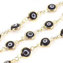 Handmade Evil Eye Lampwork Link Chains, Soldered, with Brass Findings, with Spool, Long-Lasting Plated, Flat Round, Golden, Black, 13x7x2.5mm, Hole: 1.5mm, about 32.8 Feet(10m)/roll(CHC-F009-01B-G01)