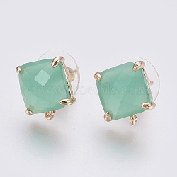 Faceted Glass Stud Earring Findings, with Loop, Light Gold Plated Brass Findings, Square, Medium Aquamarine, 11x10x5mm, Hole: 1mm, Pin: 0.8mm(GLAA-F084-C08)
