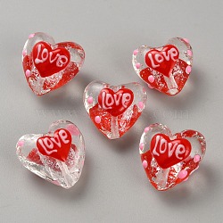 Transparent Glass Beads, Heart with LOVE, Red, 19x18.5x13mm, Hole: 1.8mm(GLAA-CJC0019-02)