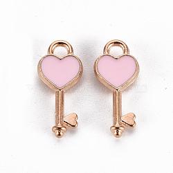 Alloy Pendants, Cadmium Free & Lead Free, with Enamel, Heart Key, Light Gold, Pink, 16x7x2mm, Hole: 1.5mm(X-ENAM-S115-061C)