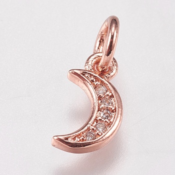 Brass Micro Pave Cubic Zirconia Charms, Moon, Rose Gold, 9x5x1mm, Hole: 3.5mm
