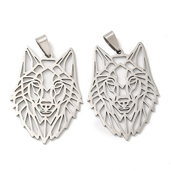 201 Stainless Steel Pendants, Laser Cut, Hollow, Wolf Head Charm, Stainless Steel Color, 43x30.5x1mm, Hole: 9x4mm