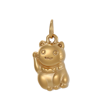 304 Stainless Steel Charms, Maneki-neko Cat Shape, Ion Plating(IP), with Jump Ring, Real 14K Gold Plated, 12x7mm