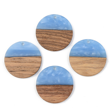 Opaque Resin & Walnut Wood Pendants, Flat Round, Cornflower Blue, 28x3mm, Hole: 2mm