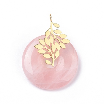 Natural Rose Quartz Pendants, with Ion Plating(IP) Golden Color Tone 304 Stainless Steel Findings, Leaf with Donut/Pi Disc Charm, 37~38x30x10~11mm, Hole: 3mm