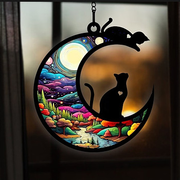 Moon with Cat Window Suncatchers, Wall Art Window Hanging Memorial Pendant Decoration, Cat Shape, 100mm