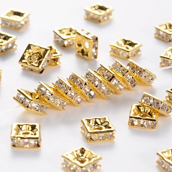 Brass Rhinestone Spacer Beads, Grade A, Golden Metal Color, Square, Crystal, 6x6x3mm, Hole: 1mm