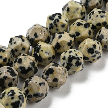 Natural Dalmatian Jasper Beads Strands, Faceted, Polygon, 7.5~8.5x7.5~8x7.5~8mm, Hole: 1.4mm, about 44~49pcs/strand, 14.25~14.96 inch(36.2~38cm)