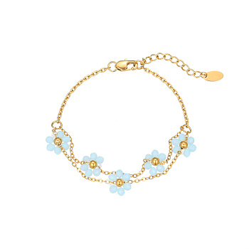 Stainless Steel Multi-strand Cable Chain Bracelets, Light Blue Summer Flower Link Bracelets for Women, Real 18k Gold Plated