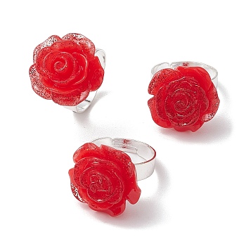 Glitter Powder Rose Resin Finger Rings, Brass Adjustable Rings for Women, Red, 20x20mm, Inner Diameter: 18mm