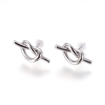 Brass Stud Earrings, with Plastic Ear Nuts, Long-Lasting Plated, Knot, Platinum, 8x17x4mm, Pin: 0.7mm
