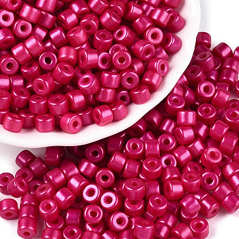 Baking Paint Pearlized Glass Seed Beads, Round Hole, Cylinder, Cerise, 4x5.5mm, Hole: 1.8mm, about 2500pcs/pound