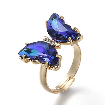 Adjustable Brass Glass Finger Rings, with Clear Cubic Zirconia, Butterfly, Golden, Blue, Size 7, Inner Diameter: 17mm