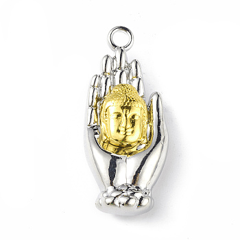 Two Tone Alloy Pendants, Cadmium Free & Lead Free, Hand with Buddha Head Charm, Platinum & Golden, 37x16x9mm, Hole: 3mm