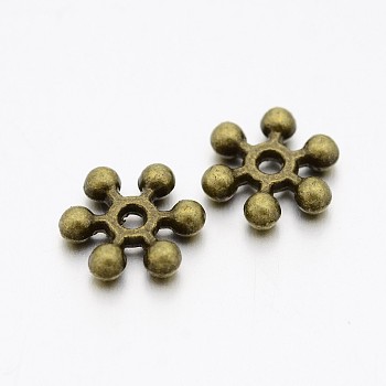 Zinc Alloy Beads Spacers, Cadmium Free & Lead Free, with One Hole, Snowflake, Antique Bronze, 10x2.5mm, Hole: 1.5mm