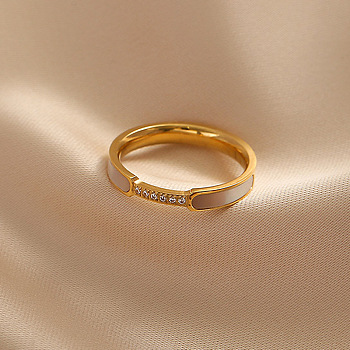 304 Stainless Steel & Clear Cubic Zirconia & Natural Shell Finger Rings for Women, Golden, US Size 7(17.3mm)
