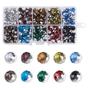 300Pcs 10 Colors Electroplate Transparent Glass Beads, Half Silver Plated, Faceted, Rondelle, Mixed Color, 8x6mm, Hole: 1mm, 30pcs/color