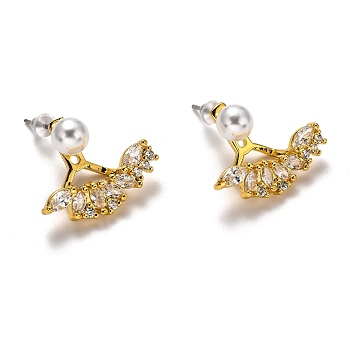 Brass Micro Pave Clear Cubic Zirconia Front Back Stud Earrings, with Acrylic Imitation Pearl and Ear Nuts, Horse Eye, White, Real 18K Gold Plated, 16x20x8mm, Pin: 0.5mm