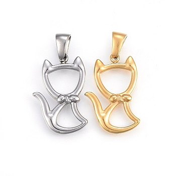 304 Stainless Steel Hollow Kitten Pendants, Cat with Bowknot Shape Shape, Mixed Color, 22x15x3mm, Hole: 6x3mm