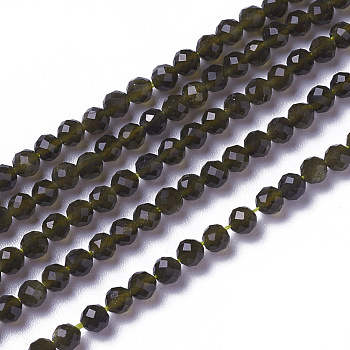 Natural Golden Sheen Obsidian Beads Strands, Faceted, Round, 3~3.5x2.5~3mm, Hole: 0.3mm, about 114~141pcs/strand, 15.1~16.4 inch(38.4~41.8cm)